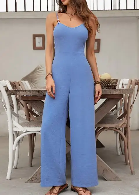 

Women's Summer Woven Jumpsuit Comfortable Breathable Solid Color Simple Fashionable Wood Bead Suspender Jumpsuit