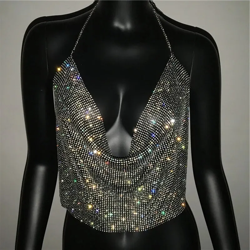 Festival Brilliant Strass rückenfreies Party Crop Top Damen 2025, Sommer, Glitzer, Abend, V-Ausschnitt, Diamanten, Metall-Tanktops – Detail 7