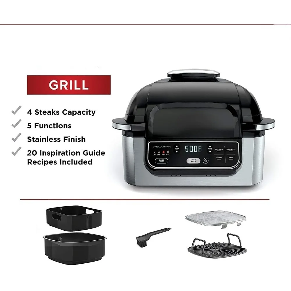 5-in-1 Indoor Electric Grill with Air Fry, Roast, Bake & Dehydrate - Programmable, Black/Silver