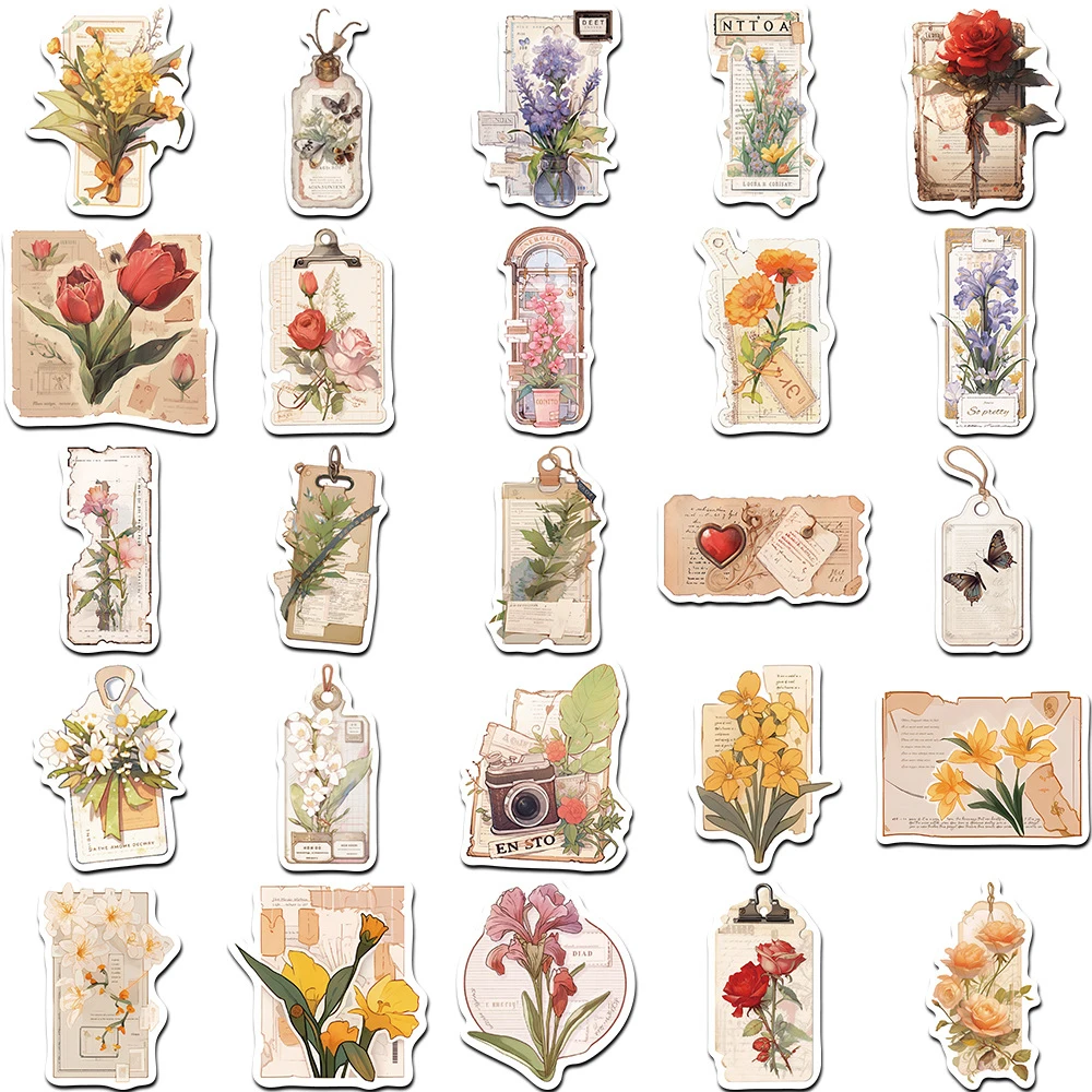 10/30/50pcs Vintage Aesthetic Flower Decoration Stickers Decals Waterproof DIY Journal Planner Stationery Retro Cute Sticker Toy