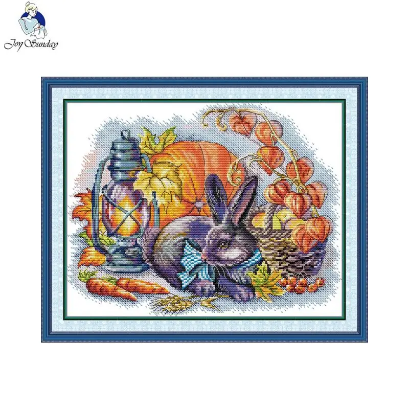 Joy Sunday Cross Stitch Kit Autumn Bunny HD Pattern Aida 16CT 14CT 11CT Counted Printed Canva DIY Hand Embroidery Kit Home Decor