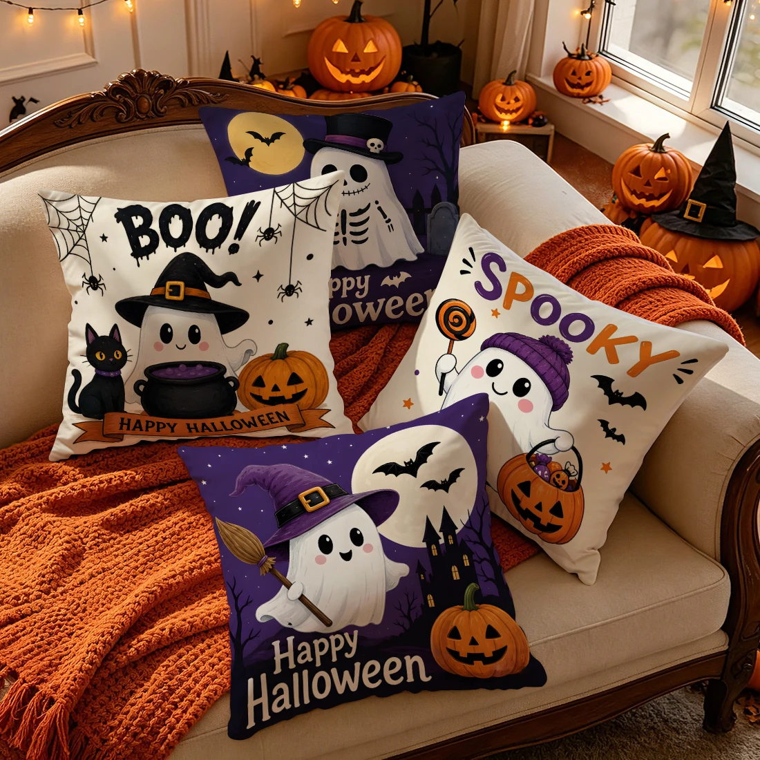 Cartoon Halloween Spooky Pumpkin Cushions Pillowcase Polyester Cushion Cover Throw Pillow Pillowcover Home Car Sofa Decor