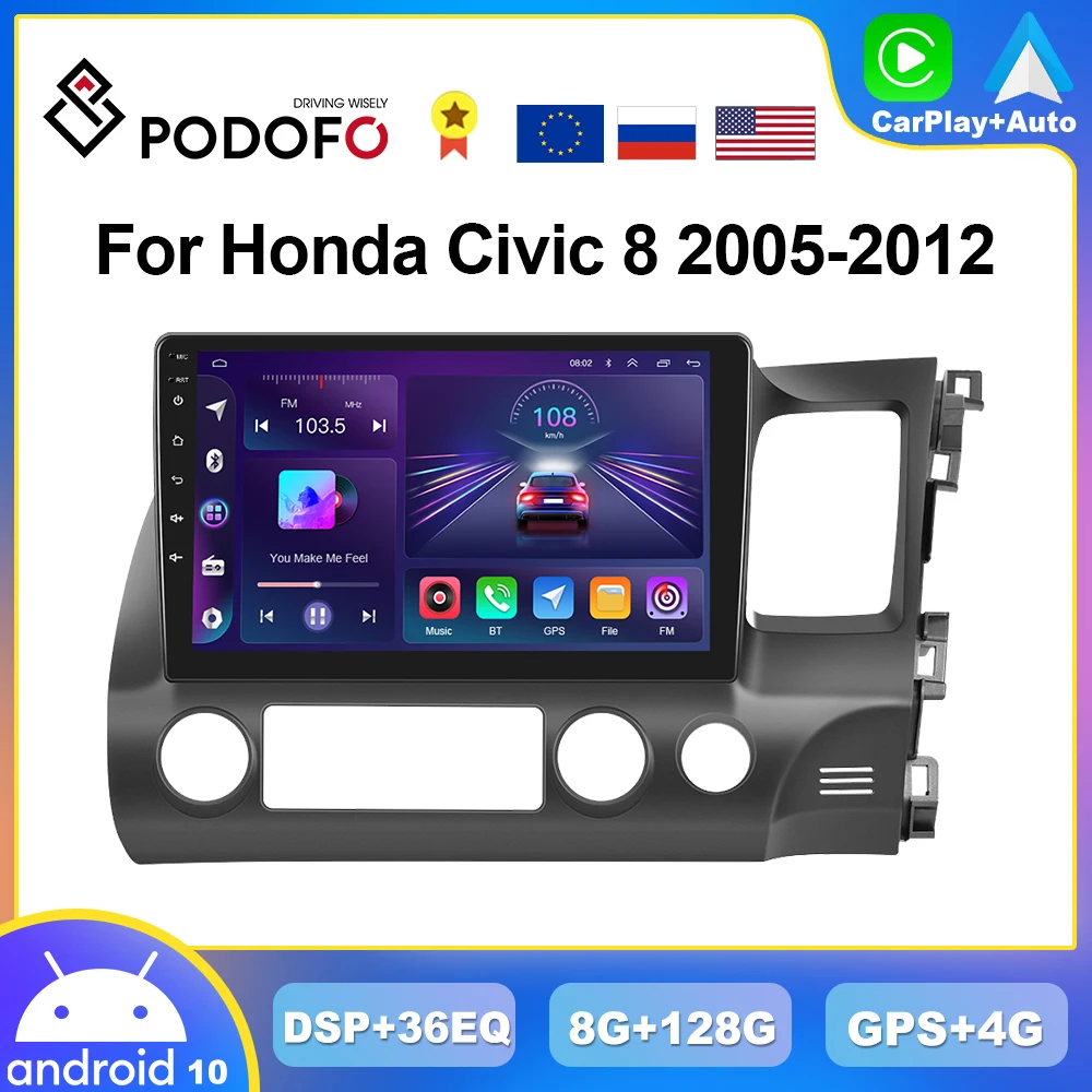 

Podofo 8G+128G CarPlay Radio For Honda Civic 8 2005-2012 Android Multimedia Player 4G GPS Stereo 2din Head Unit AI Voice DSP RDS