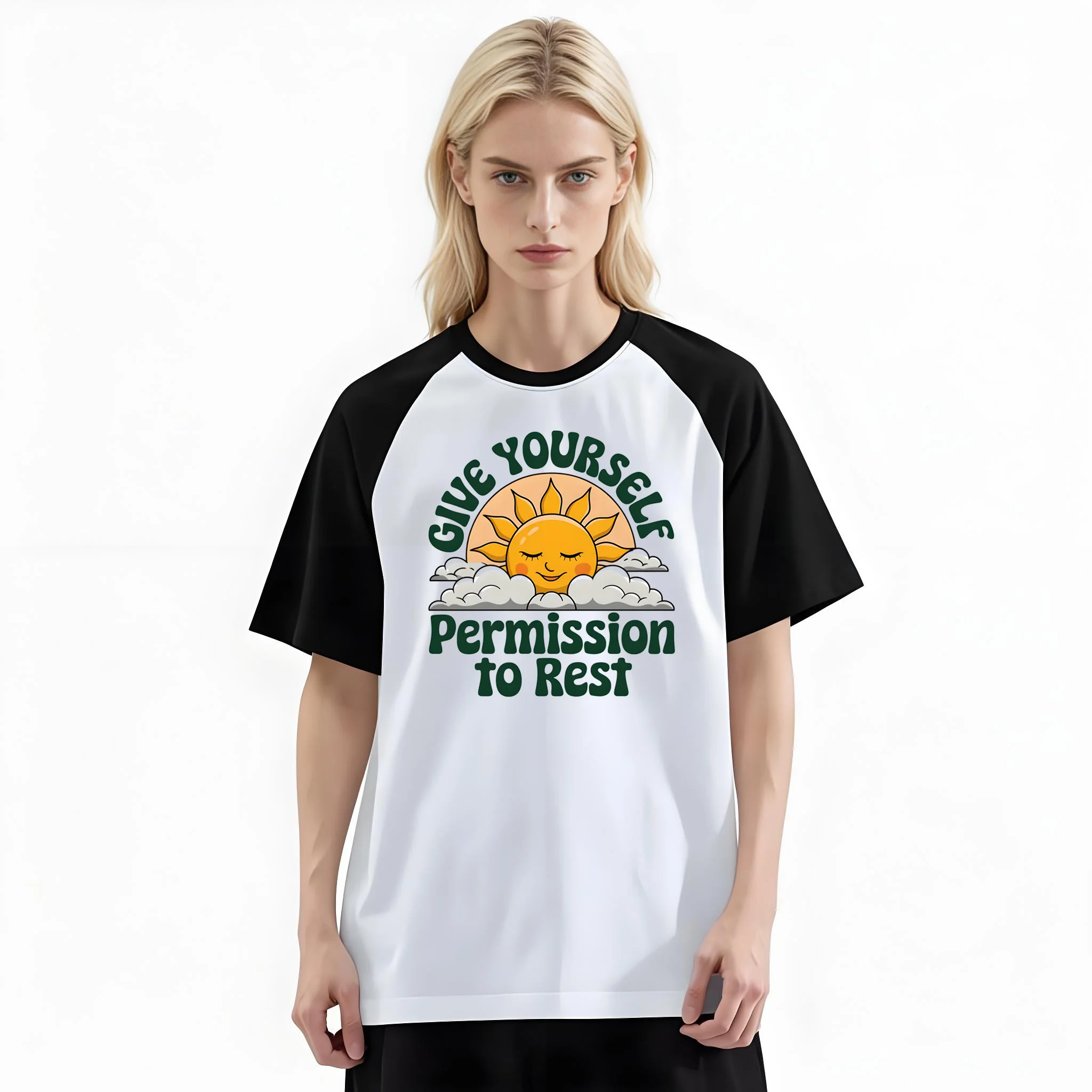 Women'S Fashion Raglan Sleeve T-Shirt, Give Yourself Permission To Rest Printed, Summer Casual Comfortable Tee, Women'S Everyday Short-Sleeve Top