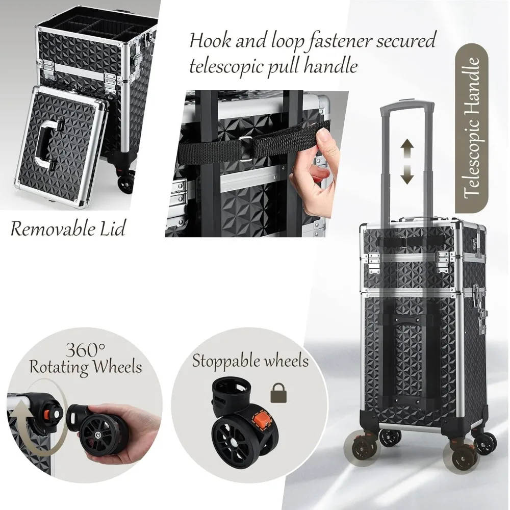 Large Rolling Makeup Case with Wheels, 3-in-1 Transformable Cosmetic Trolley for Salon Professionals and Travel