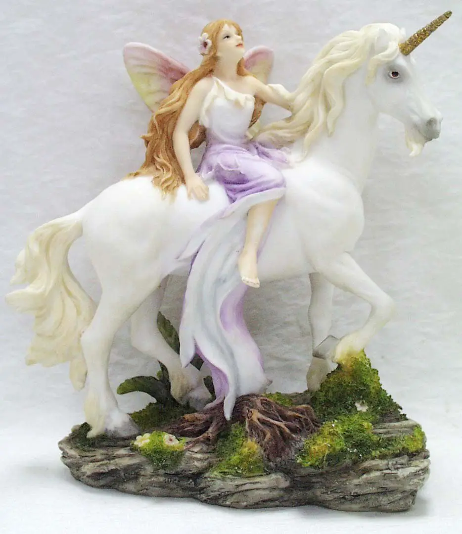 Fairy Riding Unicorn Statue Purple Winged Elf Figurine White Unicorn Sculpture Fantasy Mythical Creature Home Desktop Ornament