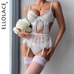 Ellolace Lace Romantic Lingeries Cut Out Bilizna Sexy Body g-String Ruffled Stocking Ensemble Lingeries Sexy Honeymoon Outfit