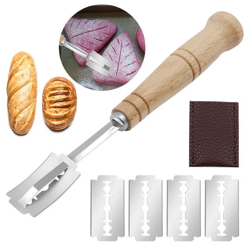 Herramienta para cortar pan de masa fermentada con mango de madera, herramienta para cortar pan cojo con 5 uds. De cuchillas, cuchillo para puntuación de masa cojo