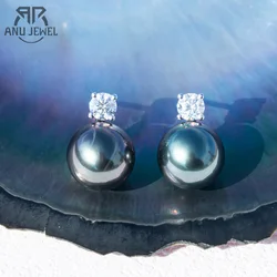 AnuJewel 10K White Gold 10-11mm High Luster Natural Tahitian Black Pearl Moissanite Diamond Earrings Fine Jewelry Wholesale