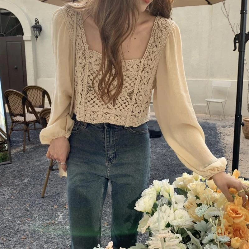 

E56A Women Sheer Puff Long Sleeve Shirts Autumn Vintage Sqaure Neck Thin Blouse Hollow Crochet Knit Cover Up Pullover
