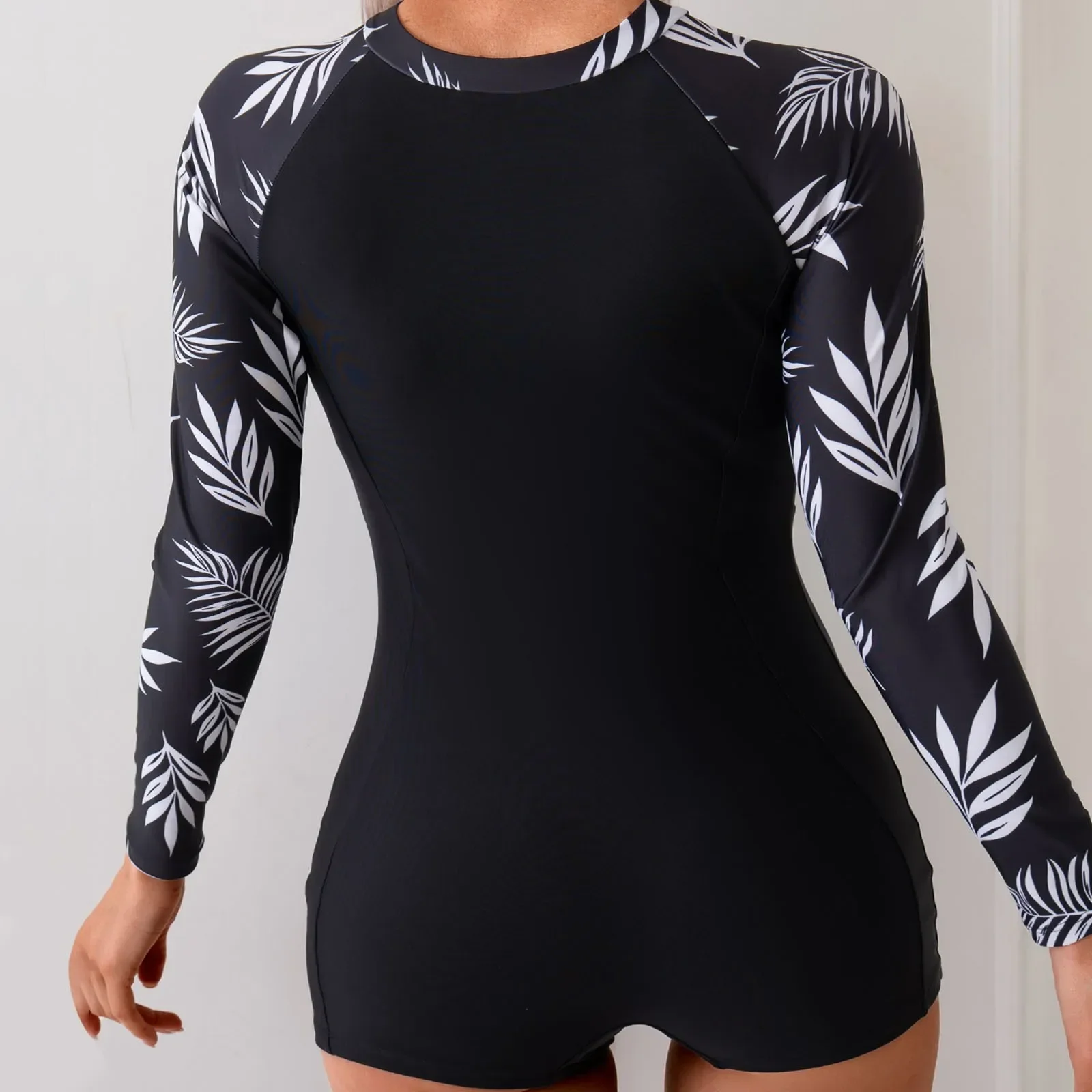 Costume da bagno da surf alla moda da donna con stampa a foglie, manica lunga, spettacolo dimagrante, protezione solare sottile, cerniera, tute dimagranti, costumi da bagno