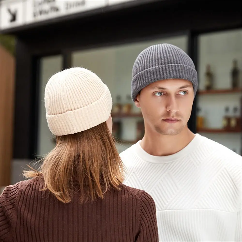 Retro Slouchy Cuff Beanie Plain Roll-up Edge Skull Ski Cap Winter Warm Hats for Men Women