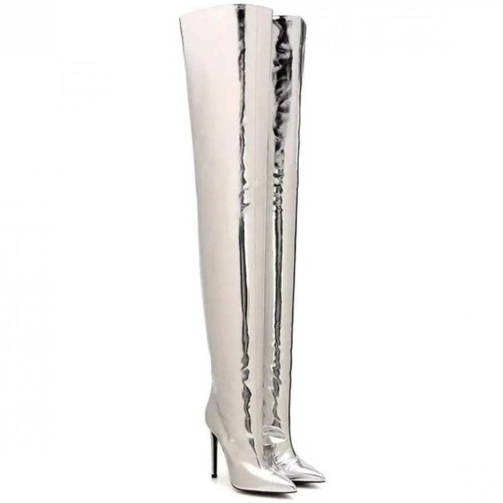 Exquisite Women Winter Knee-High Boots Silver Color Pointed Toe Beautiful Boots Sexy High Heels Hot Selling Over The Knee Boots