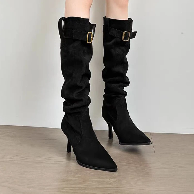 

Женские высокие сапоги до колена, модные ботинки челси, пикантные туфли на каблуке с острым носком, плиссированные дизайнерские зимние женские туфли-лодочки 2025 г.
