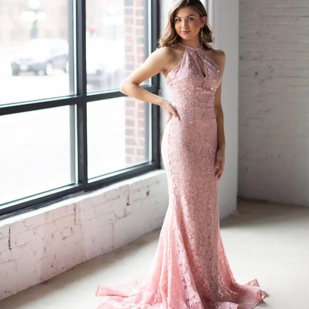 

Mermaid Pink Lace Prom Dress Halter Homecoming Dress Robe De Beading Formal Party Vestido Graduation Dress