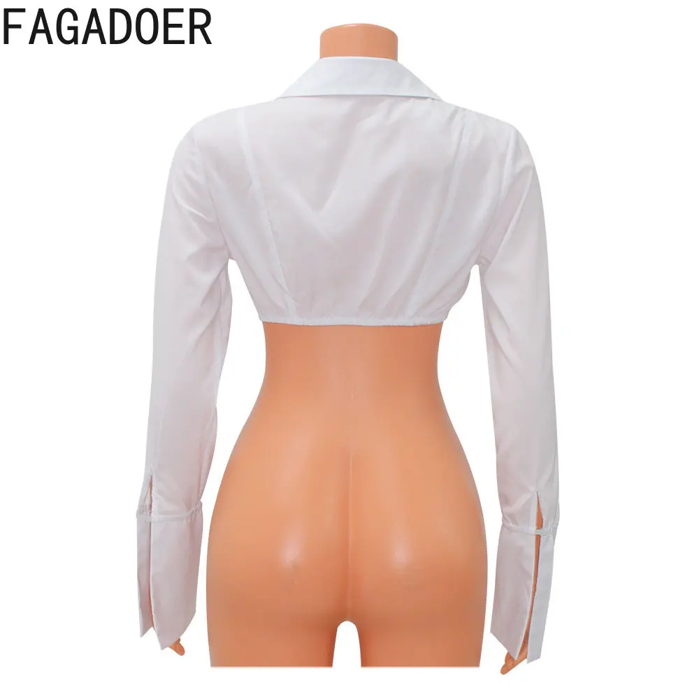 FAGADOER Sexy Deep V Harajuku White Shirts Slim Long Sleeve Crop Top Fashion Y2K Corset Short Tops Women Solid Color Streetwear
