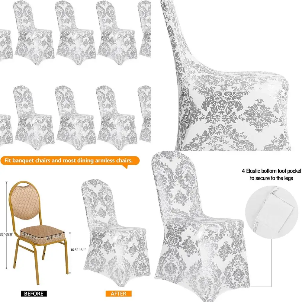

Set of 10 Bronze Silver Flower Print Spandex Chair Covers, Washable Stretchy Slipcovers for Party & Home Decor
