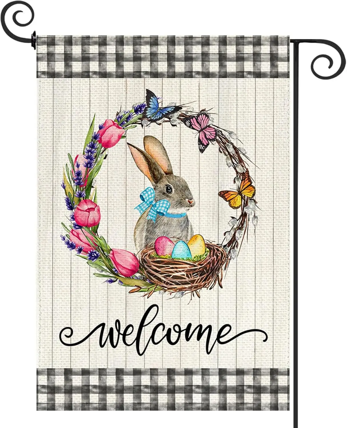 Baccessor Tulip Wreath Bunny Easter Garden Flag Eggs Buffalo Plaid 12.5 x 18 Inch Small Yard Flag for Outside Double Sided B GGO