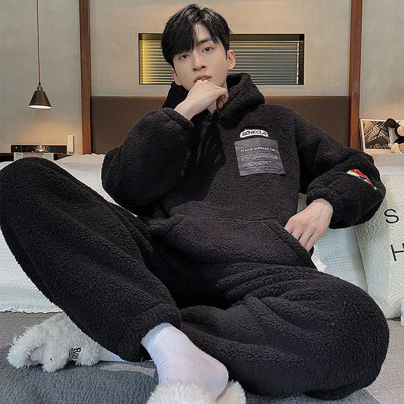 Pajamas Male New Style Flannel Autumn Winter Intensification Gentleman Loose Hooded Coral Fleece Loungewear Set Men Pajamas