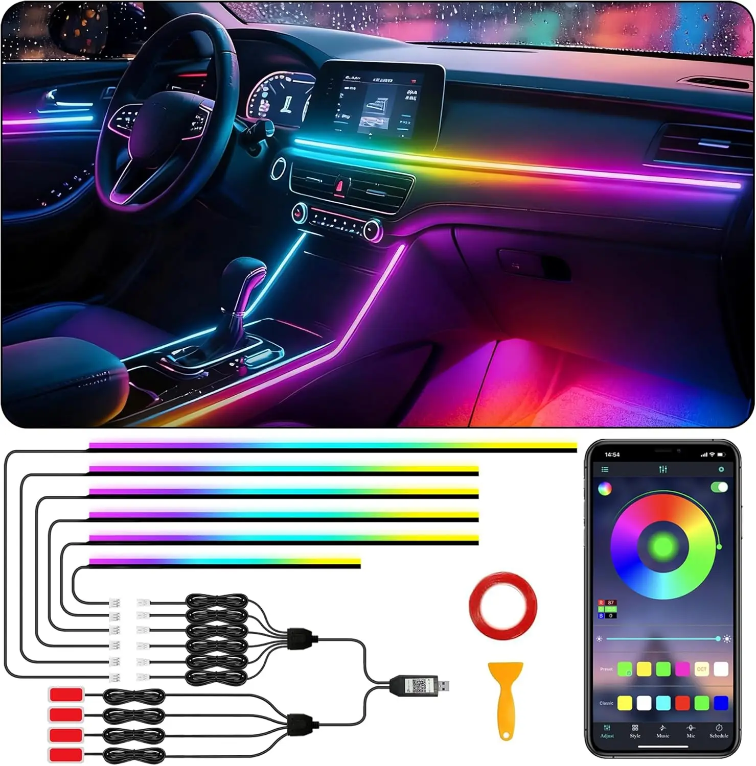 

RGB 10-in-1 Dreamcolor Chasing Acrylic LED Car Interior Lights, USB Powered, APP & Sound Control