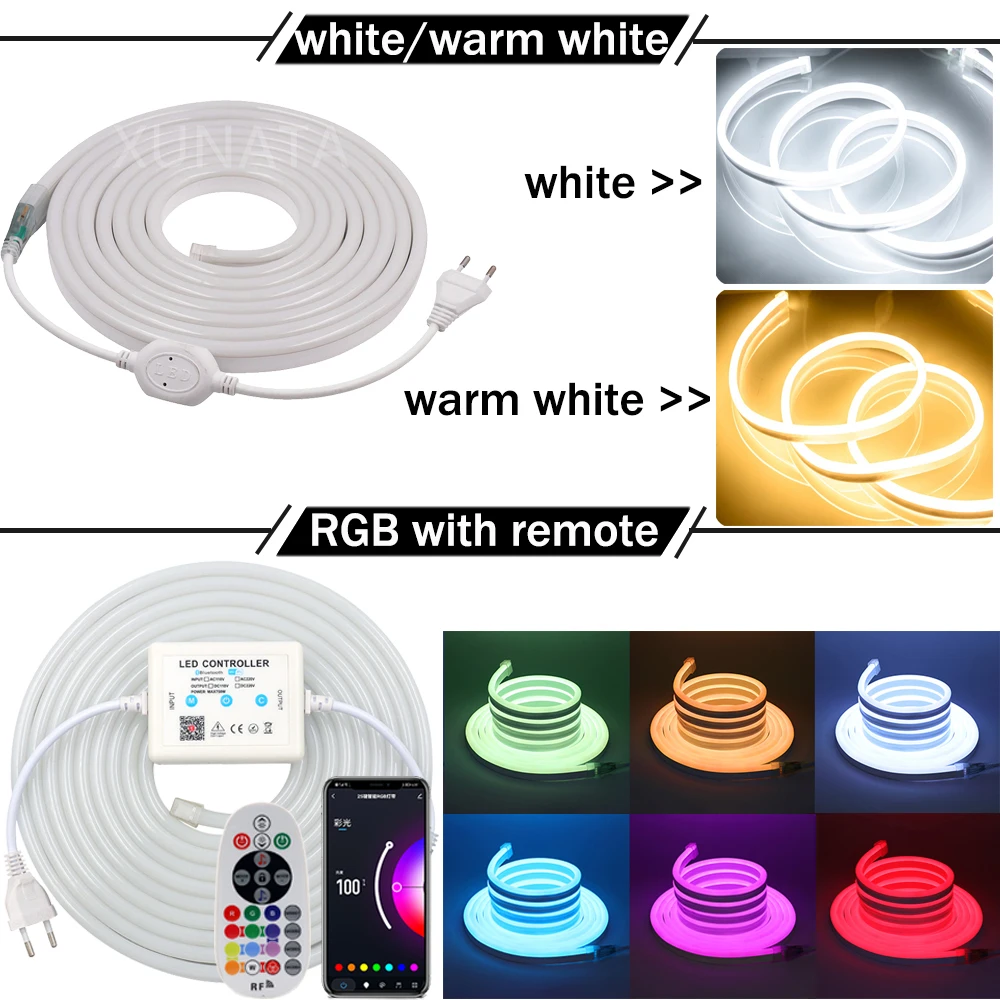 WIFI Tuya Smart RGB LED Strip Light 220V 110V Flexible LED Neon Light Bluetooth LED Tape Waterproof LED Neon Tape White Warm