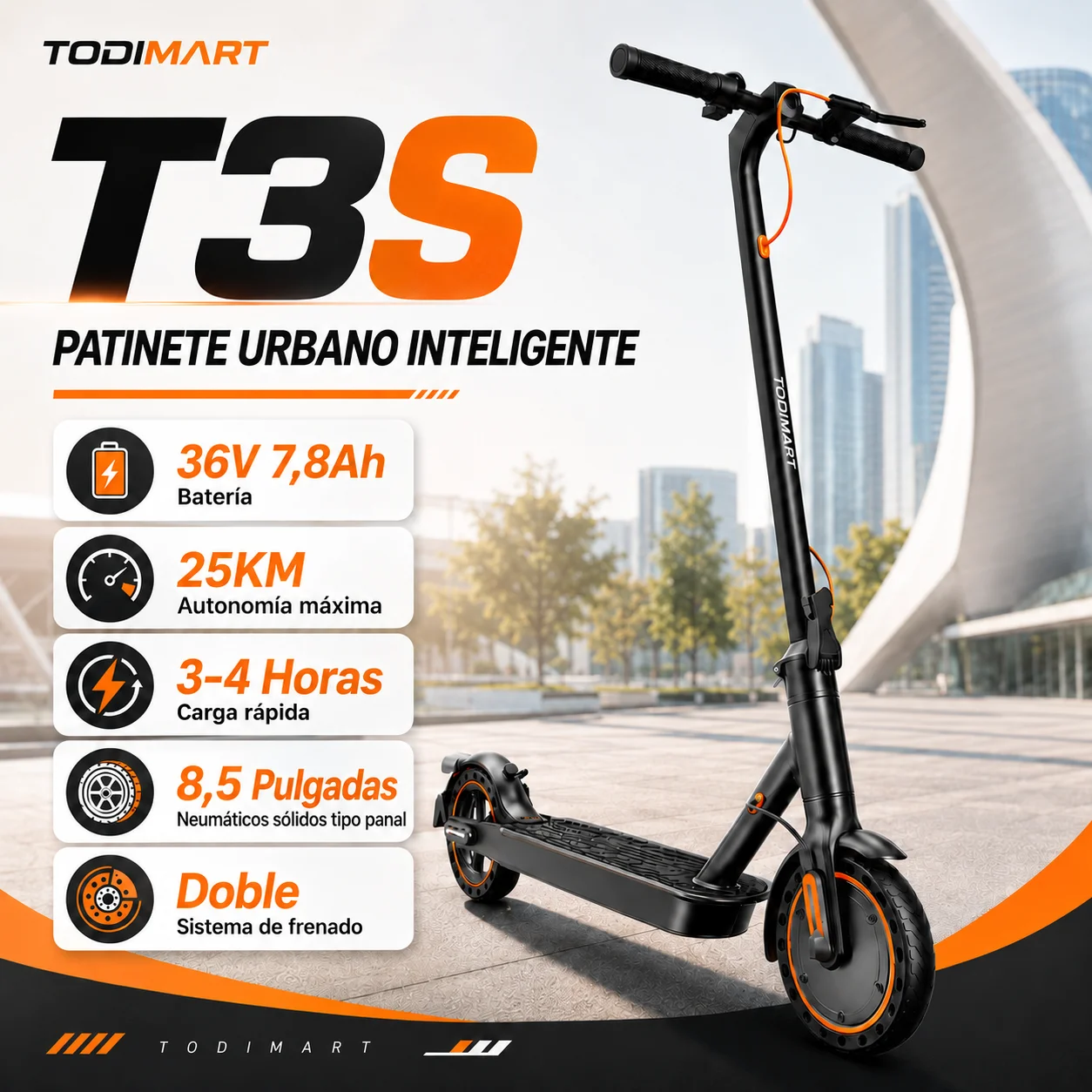 TODIMART T3S T6S Patinete Eléctrico para Adultos Plegable Ligero Urbano Batería 36V 7.8Ah Autonomía 20-30KM Neumáticos Macizos de Panal 8.5 Pulgadas Control APP Doble Freno Carga 120KG