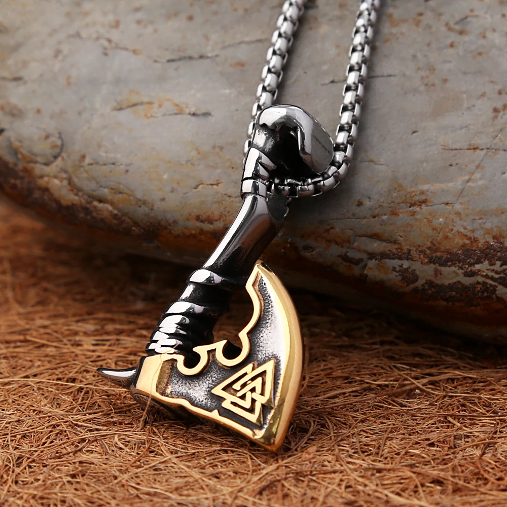 Men's Nordic Viking Axe Pendant Necklace 316L Stainless Steel Punk Vintage Valknut Necklaces Fashion Amulet Jewelry Wholesale