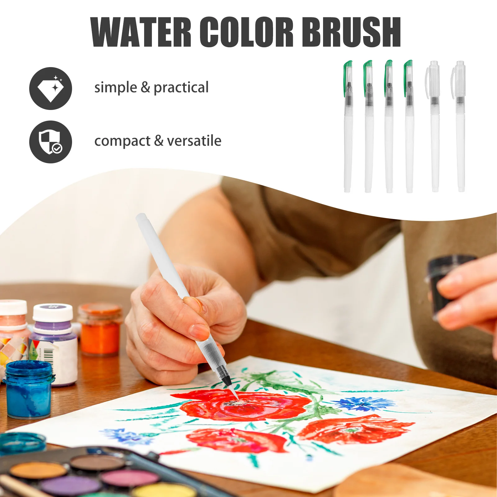 

6Pcs Water Injection Painting Brush Reusable Painting Brush Refillable Drawing Pen for Watercolor Gouache Propylene Paint