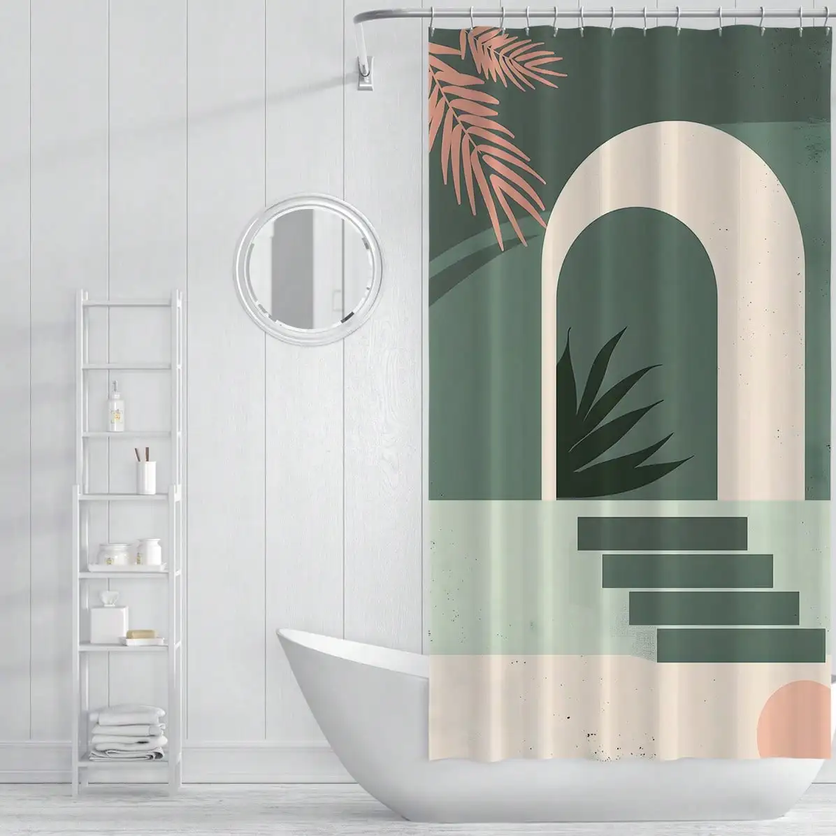

1pc Tropical Arch Deco Shower Curtain Waterproof 71 X 71 Inches With 12 Hooks Minimalist Bathroom Style Bathing Curtain Boho Palm Leaf Design Modern Vintage Bath Partition Curtain