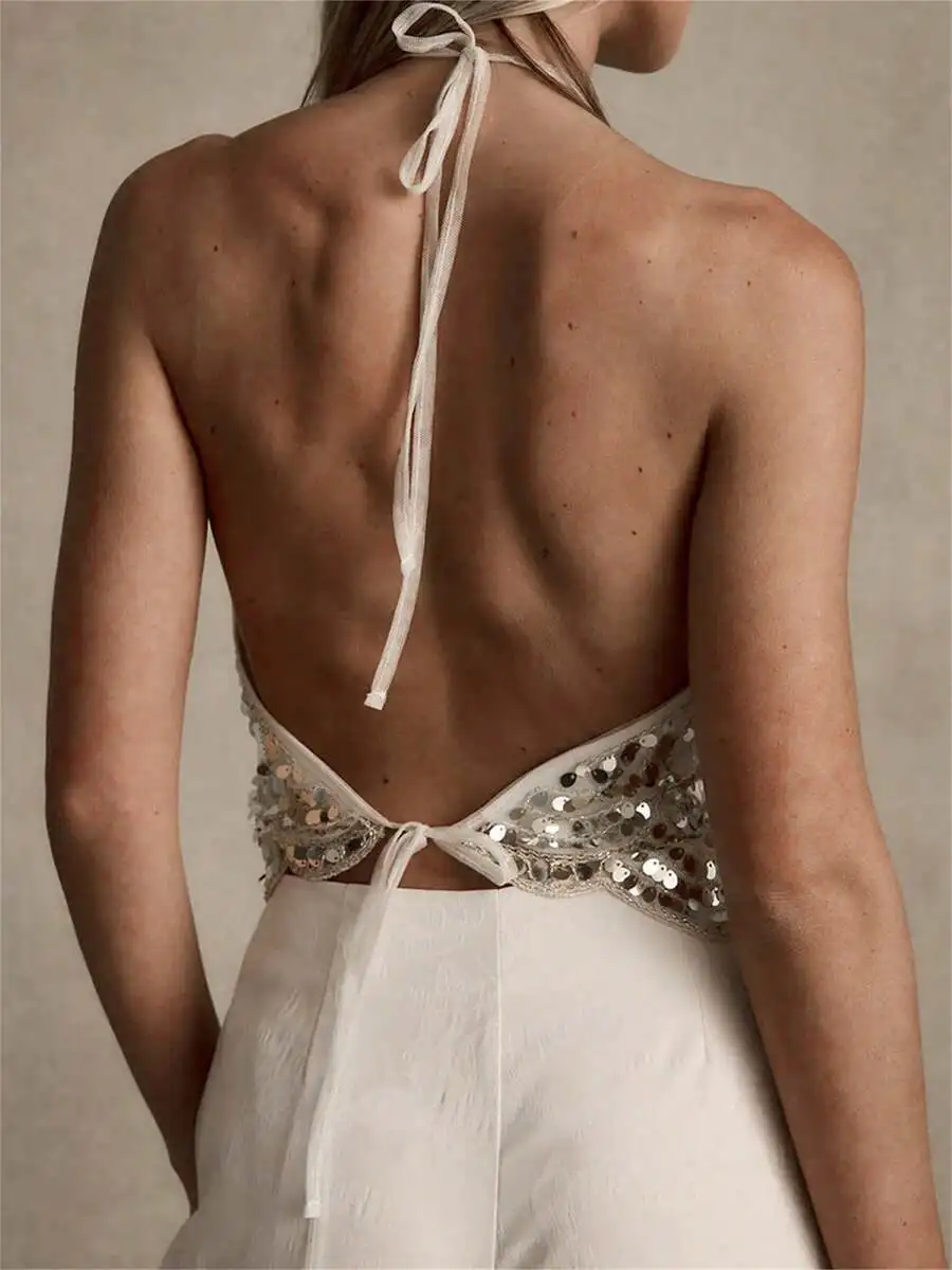 

Women Halter Neck Backless Sequined Sleeveless Top For Party Club Summer
