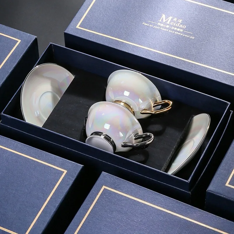 Pearlescent Iridescent Coffee Cup Set Exquisite Bone China Gold Silver Handle Luxury Coffee Mug Set Home Decor Holiday Gift
