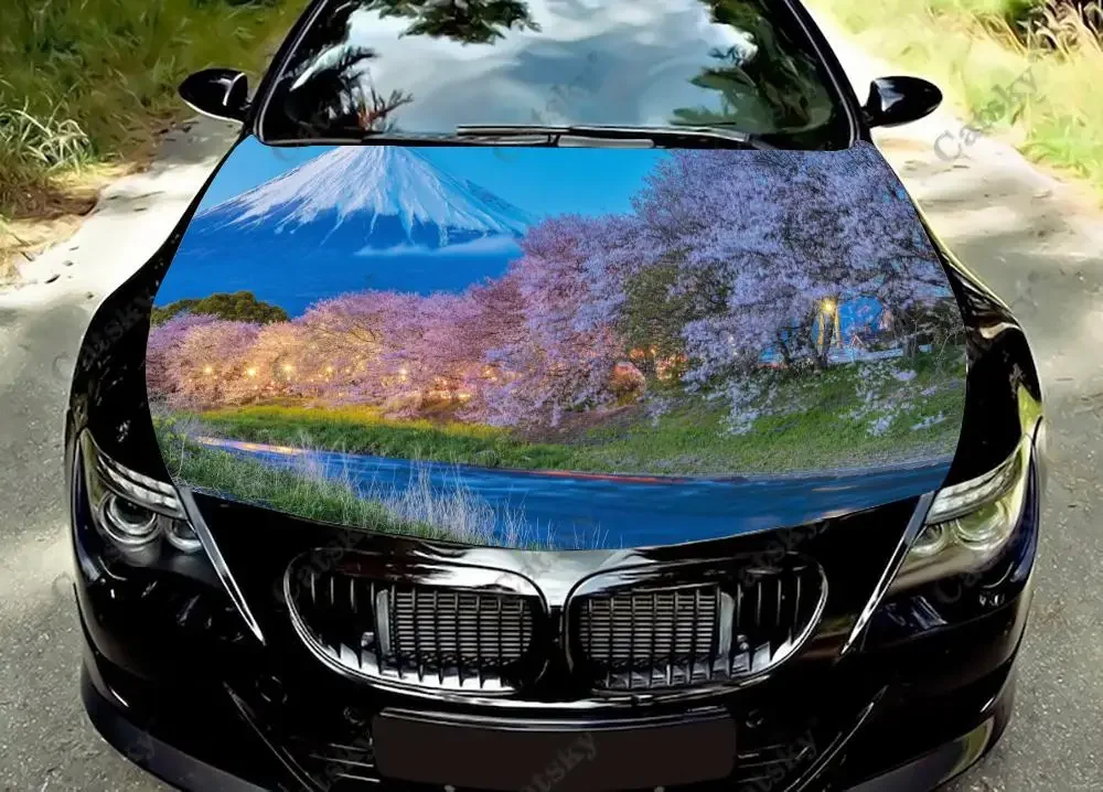 

Наклейка на капот автомобиля с изображением горы Фудзи и сакуры, виниловая графическая наклейка, графические наклейки на двигатель, подходят для большинства автомобилей.