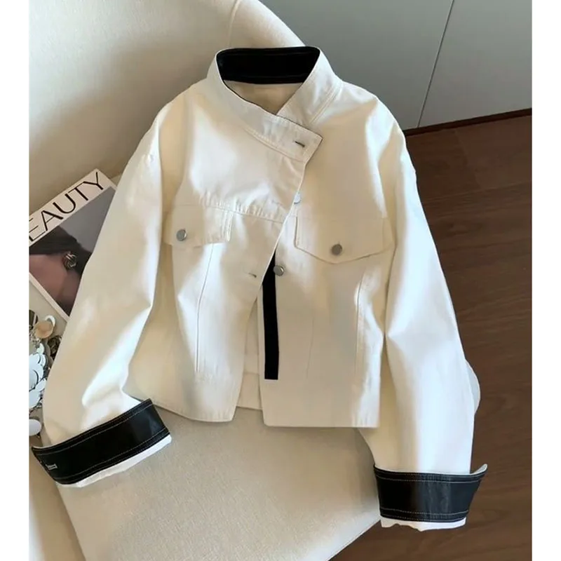 Autumn Ladies Stand Collar Loose Casual Coat Spring Female Color Blocking Short Outwear Korean Women Fashion Long Sleeves