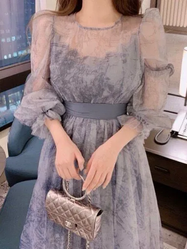 Chic Vintage Chic See-through Watercolor Long Dress Women's Spring New Style Vintage Bubble Sleeve Waist-cinching Dress