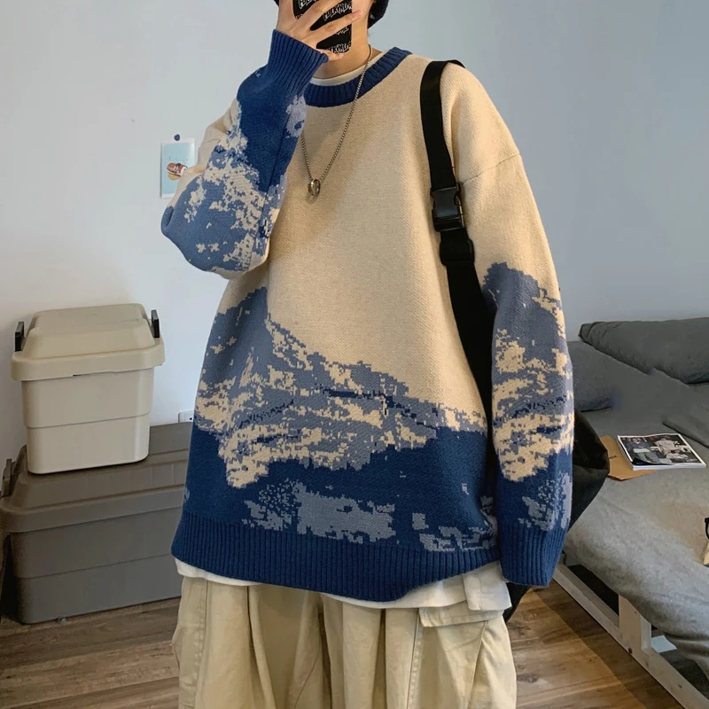 

Loose Fit Long Sve round Ne Knitwear Men's Sle Casual Wear Winter Season Youth Faion Snow Mountain Lacape Painting