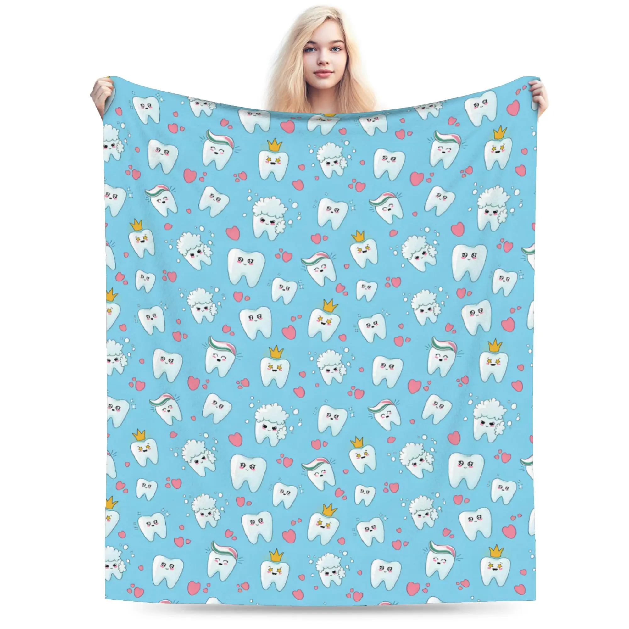 Custom Kawaii Healthy Teeth Pattern Tooth Blankets Warm Flannel Care Dental Health Throw Blanket for Bedroom Office Bedspreads