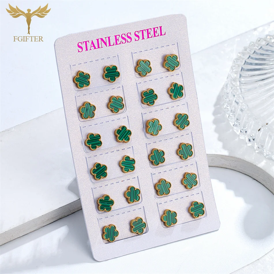 12 Pairs Boho Green Flower Statement Stud Earrings Golden Stainless Steel Jewelry Set Women Girl Sister Lover Friend Party Gifts