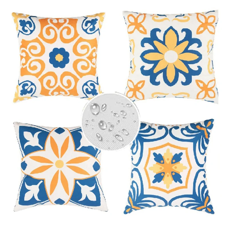 

A83F-Set Of 4 Outdoor Waterproof Pillow Covers 18Inx18in Mandala Flower Decorative Pillow Covers Bohemian Style Geometric
