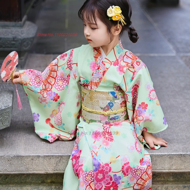 

2025 детское японское кимоно, традиционное кимоно с цветочным принтом, платье юката хаори, платье для фотосъемки девочек, винтажное кимоно