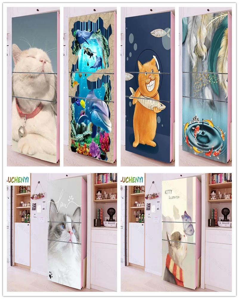 Papel de parede cat butterfly submarine dolphin refrigerator sticker  door stickerkitchen fridge wallpaper mural , home decor