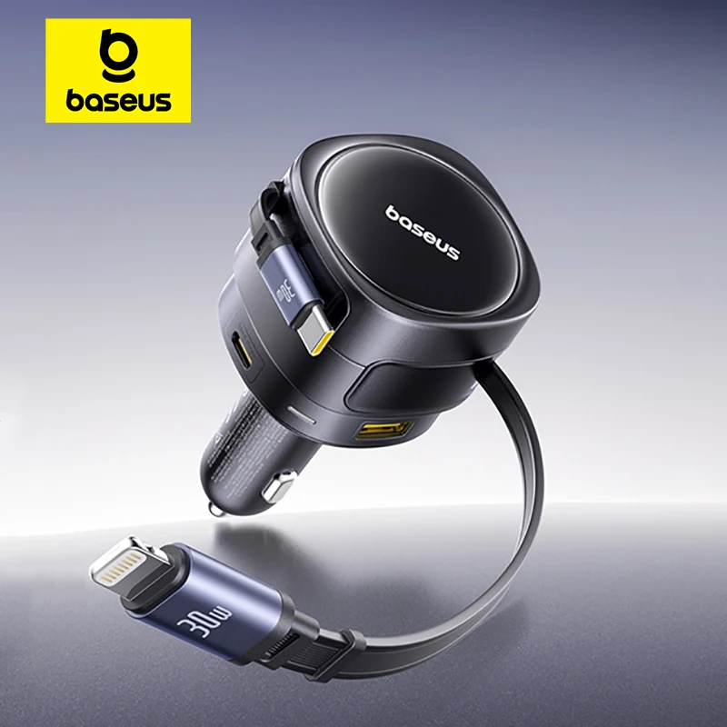 Baseus 90W Car Charger Type-C iP Dual Retractable Cable Phone Charger PD QC SCP AFC PPS Fast Charging For iPhone Samsung Xiaomi