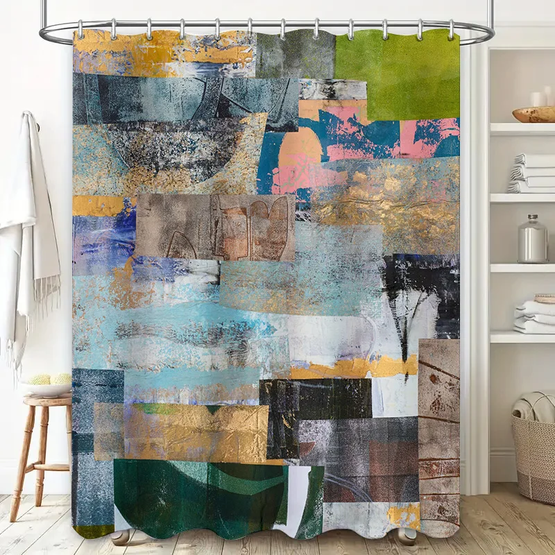 Modern Abstract Print Shower Curtain Fabric Waterproof Decor Home Bathroom Wall Hanging Rectangular Size Customizable Blue Green