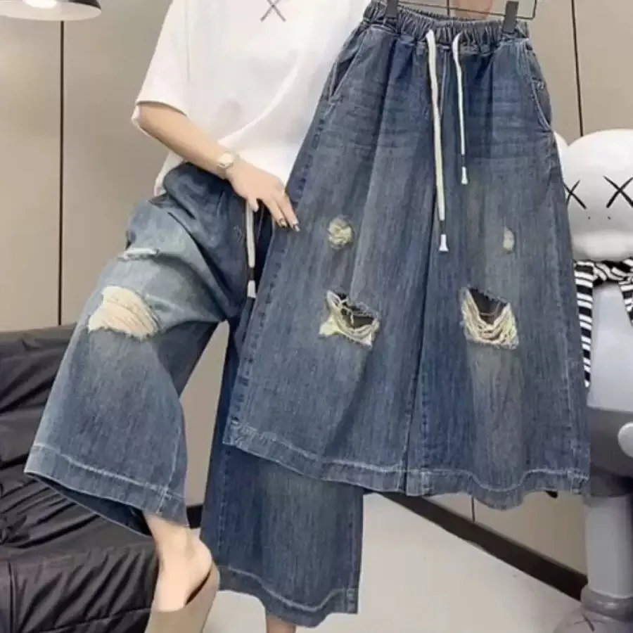 

Summer Loose Wide Leg Pants Men's Vintage Ripped Jeans Elastic Waist Denim Soft Comfortable Casual High Waist Polyester Fiber