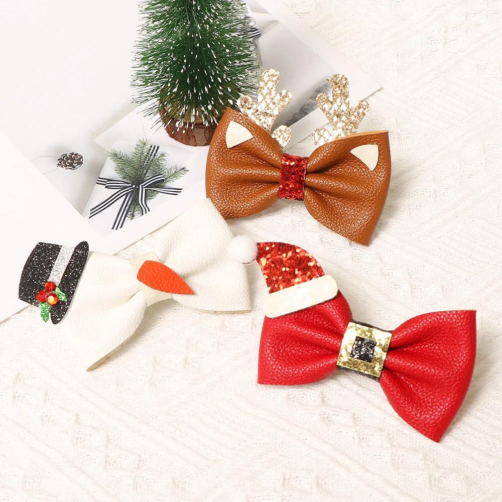 Cute Kids Christmas Gingerbread Man Hair Clip Delicate Leather Bowknot Santa Elk Hair Accessories Lovely Party Dress Up Headwear