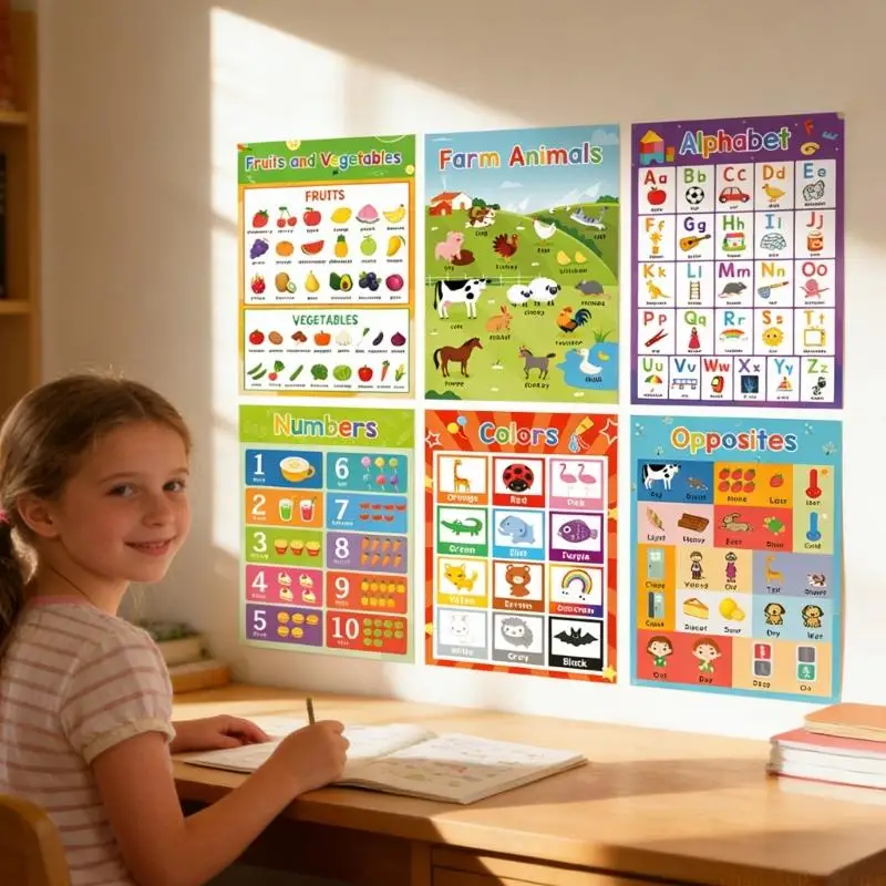 Educational Letter Numbers Color Shapes Poster Colorful Fruit Vegetable Animal Learning Poster Charts for Preschooler