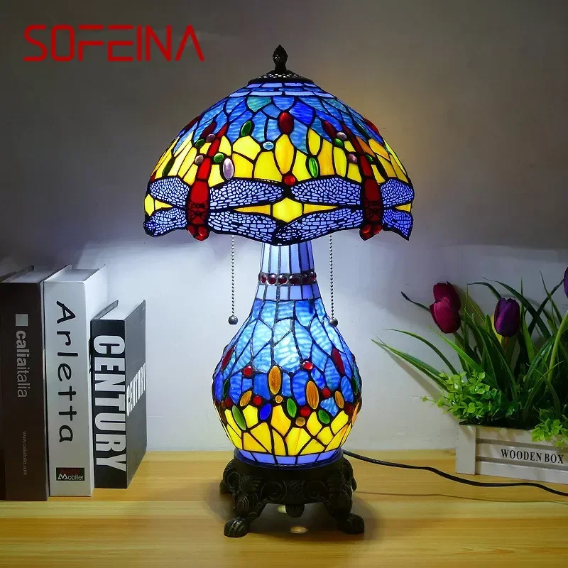 

SOFEINA Tiffany Table Lamp American Retro Living Room Bedroom Lamp Luxurious Villa Hotel Stained Glass Desk Lamp