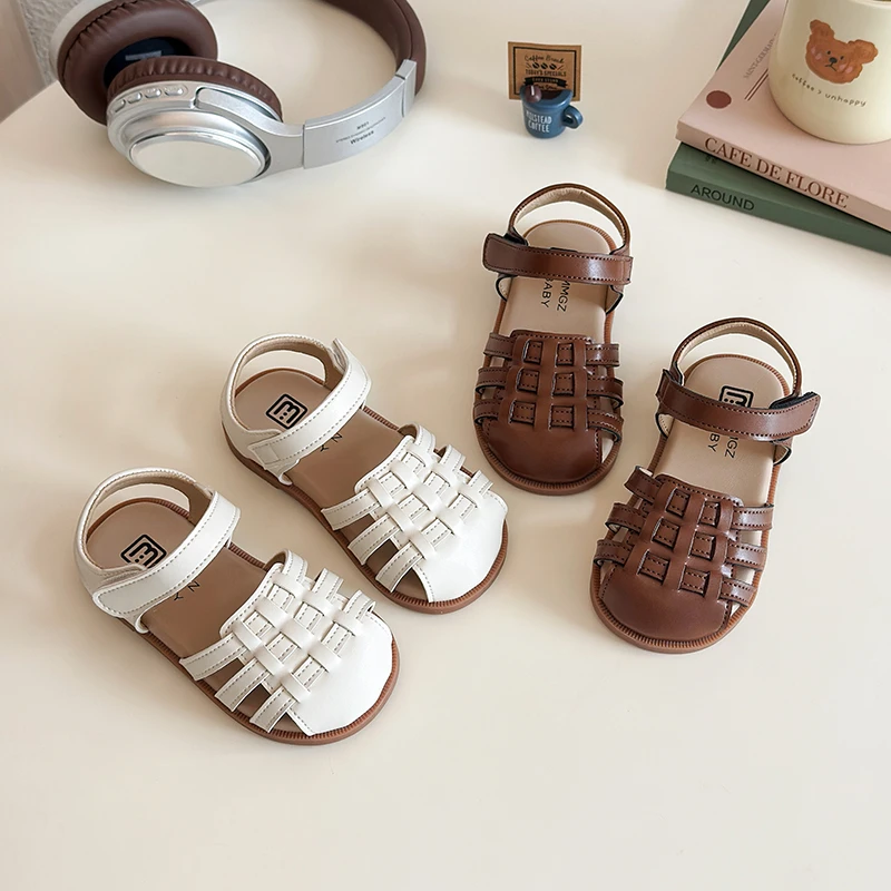 

Spring Girl's Sandals Cover Toe Braided Hook-loop Daily Kid's Flat Shoe Solid Colors Anti-slip Fashion Versatile Children Shoes