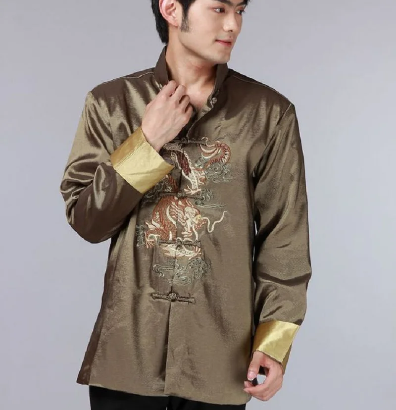 Vente en gros Nouveau Style Chinois Hommes injSatin Veste Brodée Dragon Tang trempé Casual Manches sulfManteau Slim Vestes Taille S-XXXL