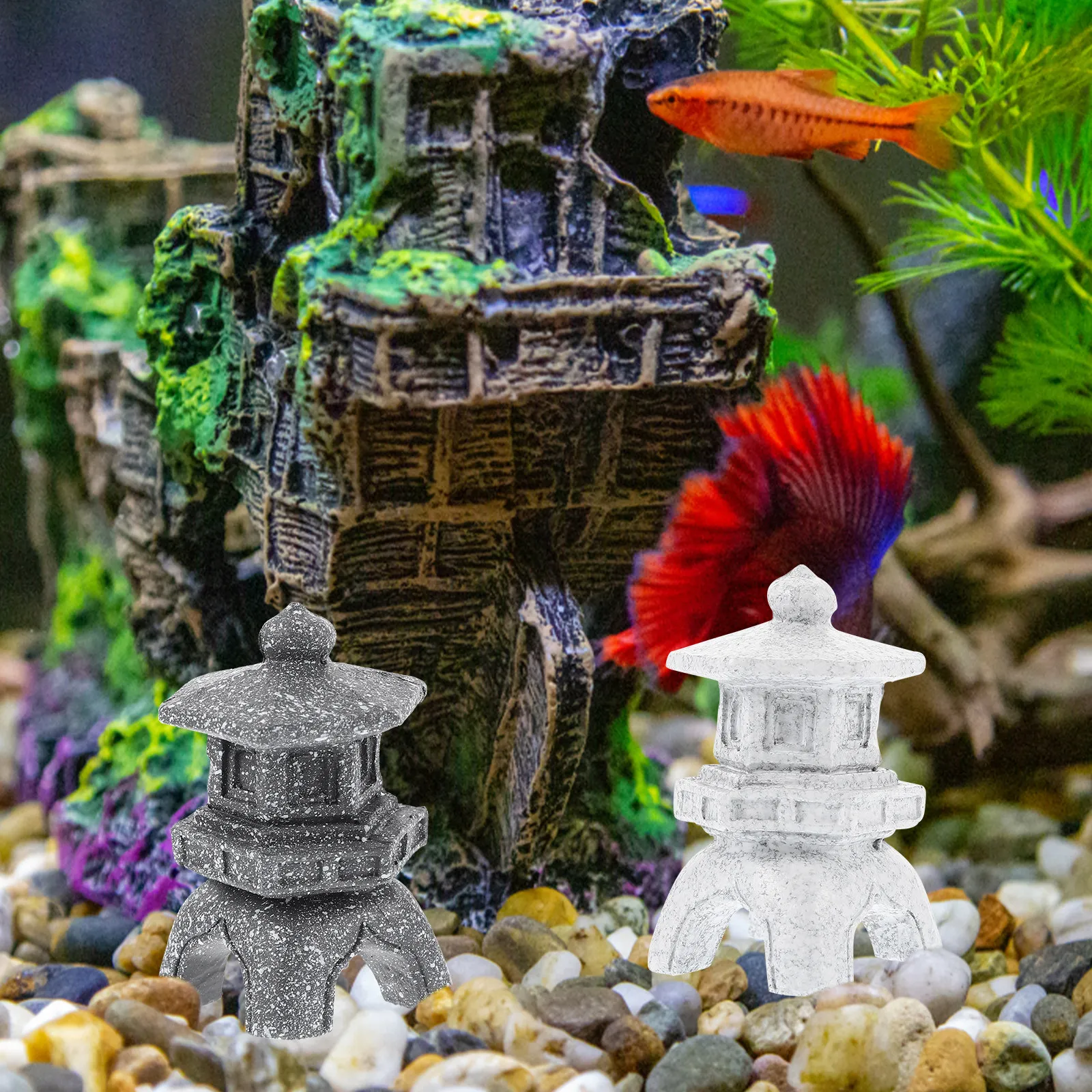 8Pcs Resin Mini Pagoda Statue Bonsai Yard Ornament Classic Garden Decoration Micro Landscape Pavilion Small Outdoor Tabletop