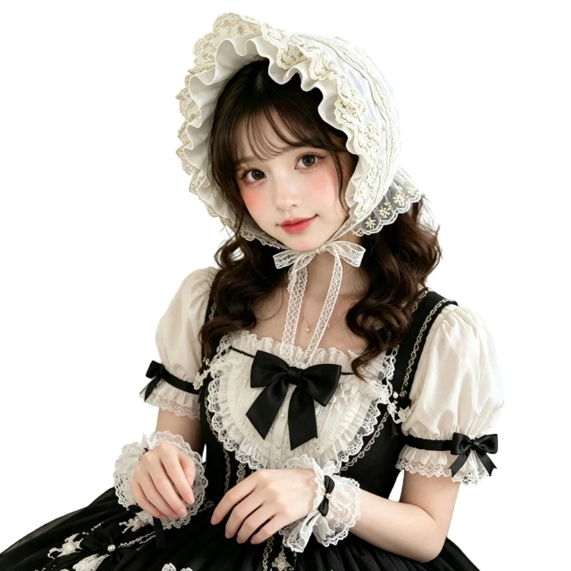 Polyester Lace Bonnet Cap with Ruffled Flower Embroidery, Wind-Resistant Fabric, and a Practical Foldable Storage Design